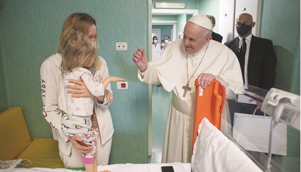 Pope Francis visits Bambino Gesu Pediatric Hospital in Rome yesterday to thank for caring for Ukrainian children, who fled the Russian invasion. (Reuters)