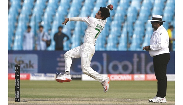 Pakistanu2019s Naseem Shah bowls during the first day of the third and final Test against Australia at the Gaddafi Stadium in Lahore yesterday. (AFP)