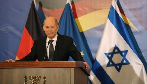 German Chancellor Olaf Scholz gives a joint press conference with the Israeli prime minister at the King David Hotel in Jerusalem on March 2, 2022. 