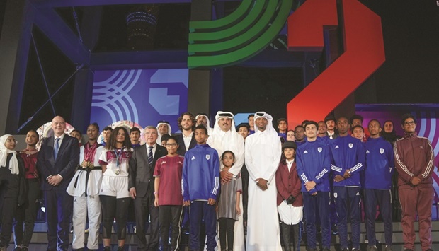 His Highness the Amir with guests and trainee athletes at the opening of the museum on Wednesday