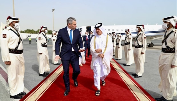 Chancellor of the Republic of Austria Karl Nehammer and his accompanying delegation were welcomed upon arrival at Doha International Airport by HE theMinister of State for Foreign Affairs Sultan bin Saad Al Muraikhi