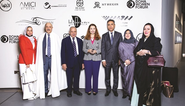 Qatari artists Wafika Sultan al-Essa and Hossa al-Muraikhi (second from the right and right extreme, respectively) with diplomats at the launch of the exhibition.