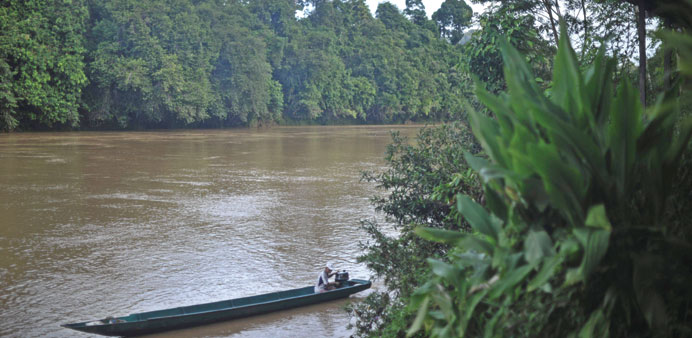 A villager man powering his boat near the proposed dam on the Baram River in Tanjung Tepalit, in Malaysiau2019s Sarawak state on the island of Borneo.