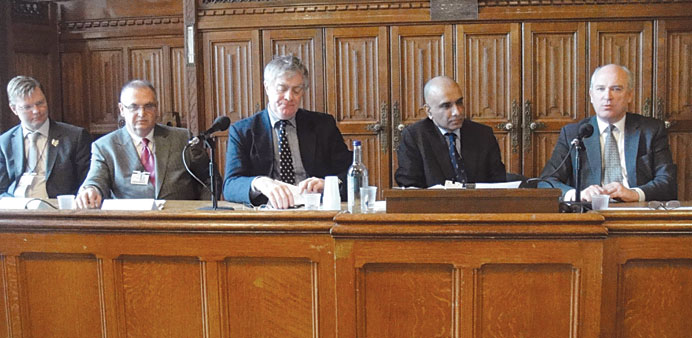 The keynote speakers on the panel: left to right: Ivan Volodin, Jack Caravelli, Patrick Mercer, Khalid Nadeem and Sir Nick Harvey at the conference.