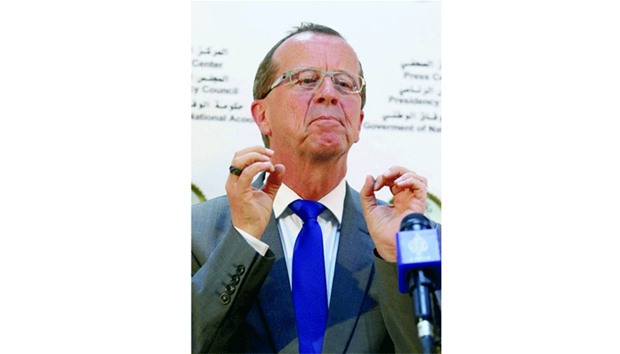 UNu2019s envoy to Libya, Martin Kobler, holds a press conference with the Libyan deputy prime minister of the Government of National Accord (GNA) yesterday, at the naval base in Tripoli where the GNA established its headquarters.