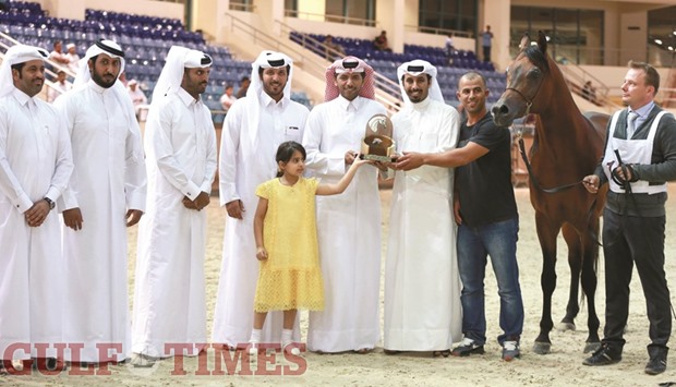 Nasser Mohamed al-Hajri-owned Gazwan Al Nasser won gold in the Senior Championship for the Stallions in the Qatar National Arabian Horse Show for Local Bred Horses on Tuesday.  PICTURES: Juhaim