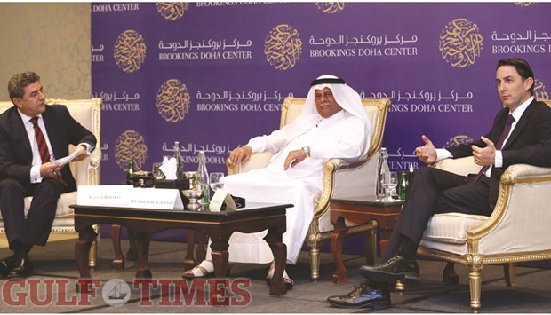 HE al-Attiyah with Amos J Hochstein (right), special envoy and coordinator for International Energy Affairs, US Department of State and Sultan Barakat, director of research, Brookings Doha Center, at the panel session yesterday. PICTURE: Jayaram