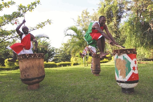 Traditional Burundian drummers, living in exile in Rwanda, play their instruments in Kigali.