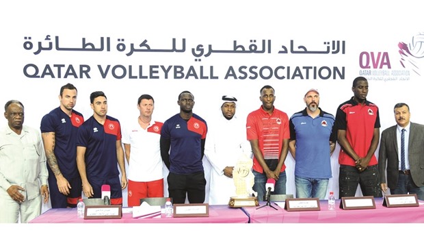 Al Rayyan and AL Arabi players and officials pose during their press conference yesterday.