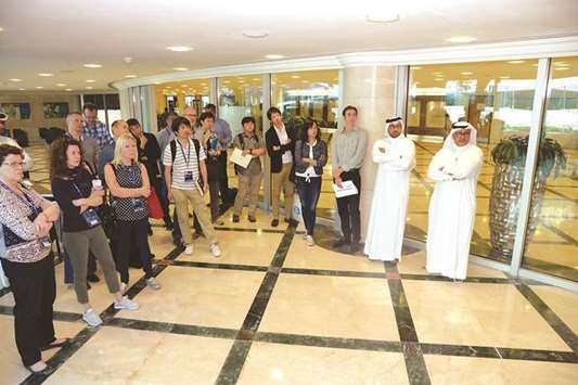 QGF President and executive director of the World Championships Ali al-Hitmi (right) with FIG officials during the inspection of the Aspire Dome, which will host the World Gymnastics championship in October.