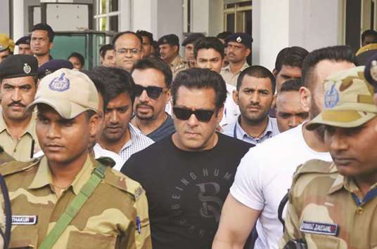 Bollywood actor Salman Khan arrives at the Jodhpur airport yesterday ahead of a verdict in the long-running black buck poaching case.