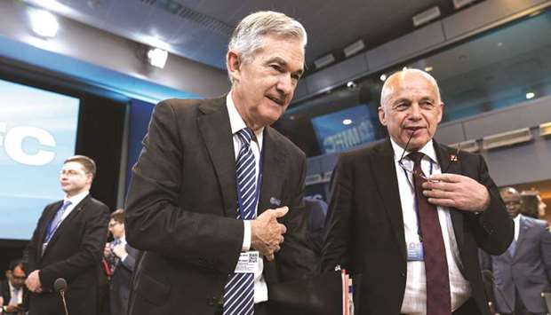 Jerome Powell, chairman of the US Federal Reserve (left), with Ueli Maurer, Switzerlandu2019s finance minister, at the spring meetings of the International Monetary Fund (IMF) and World Bank in Washington, D.C., on Saturday. Powell and some of his colleagues have been perplexed and perturbed by the Fedu2019s failure to convincingly raise inflation to its 2% target. Thatu2019s whatu2019s driving his seeming adoption of a show-me strategy on price pressures.