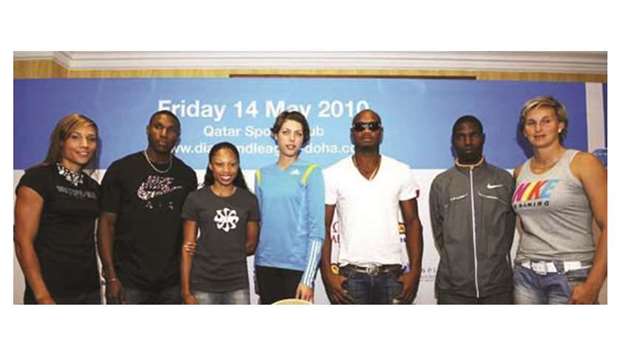 (Left to right) In this file photo taken on May 14, 2010, participating athletes Lolo Jones, Samuel Francis, Allyson Felix, Blanka Vlasic, Asafa Powell, Joseph Ebuya, Barbora Spotakova pose for a group photo on the eve of the Diamond League in Doha.