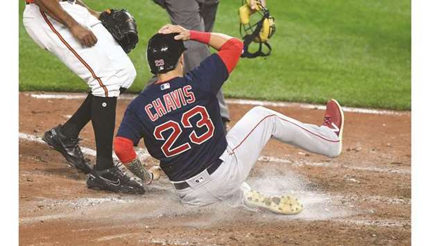 Michael Chavis after a game-winning slide 