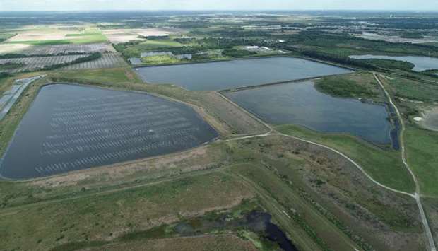 A reservoir of an old phosphate plant, the site of a breach which is leaking polluted water into the surrounding area, prompting an evacuation order in Manatee County