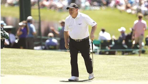 Ian Woosnam of Wales reacts on the sixth green during a practice round prior to the Masters at Augusta National Golf Club yesterday in Augusta, Georgia.