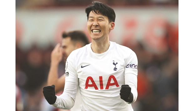 Tottenham Hotspuru2019s Son Heung-min celebrates after completing his hat-trick against Aston Villa during the Premier League match in Birmingham. (Reuters)