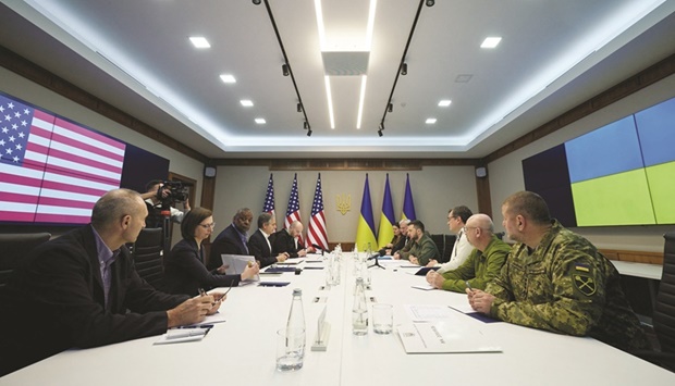 US Secretary of State Antony Blinken and Defence Secretary Lloyd Austin attend a meeting with Ukraineu2019s President Volodymyr Zelensky in Kyiv. (Reuters)