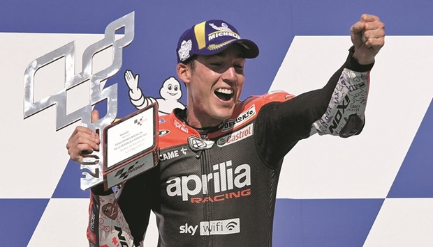 Aprilia Racingu2019s Spanish rider Aleix Espargaro celebrates on the podium after winning the Argentina Grand Prix MotoGP in Termas de Rio Hondo, in the Argentine northern province of Santiago del Estero, yesterday. (AFP)