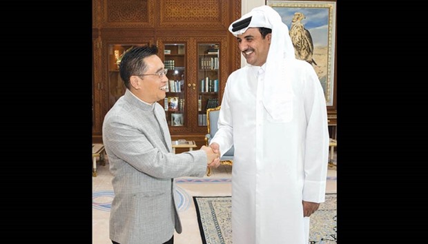 HH the Emir Sheikh Tamim bin Hamad al-Thani met at the Emiri Diwan office yesterday morning with the Chairman of the Board of Directors of Chinau2019s HNA Group Wang Jian and the Chief Executive Officer (CEO) of the Group Adam Tan who called on HH the Emir to greet him on the occasion of their visit to Qatar. During the meeting, they reviewed areas of co-operation.