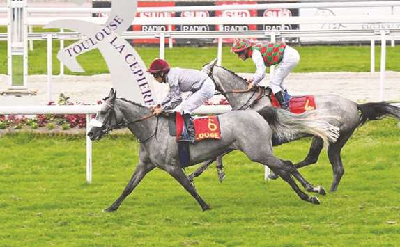 Julien Auge (left) rides Almaa to victory in the Prix Nefta (Gr2 PA) in Toulouse, France, on Monday.