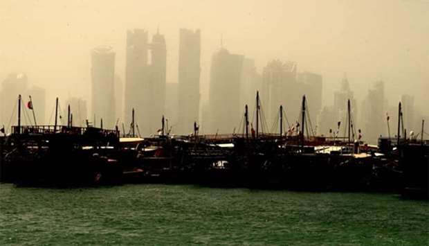 The West Bay skyline is shrouded in dust on Tuesday. PICTURE: Jayan Orma 