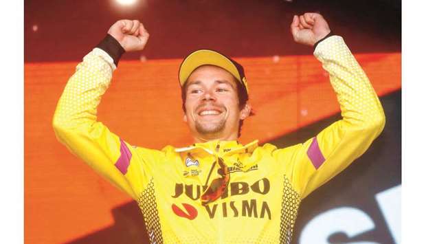 Team Jumbo rider Sloveniau2019s Primoz Roglic celebrates on podium after finishing first in stage nine of the 102nd Giro du2019Italia yesterday. (AFP)