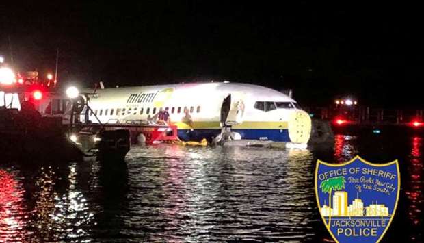 A Boeing 737 is seen in the St. Johns River in Jacksonville, Florida, May 3, 2019 in this picture obtained from social media. Jacksonville Sheriffu2019s office/via Reuters