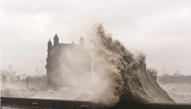 Waves lash the coastline following cyclone Tauktae at the Gateway of India in Mumbai yesterday.