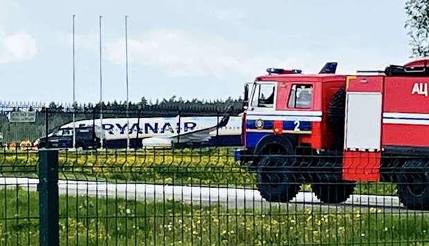 Ryanair Boeing 737-8AS (flight number FR4978) is parked on Minsk International Airport's apron in Minsk, on Sunday.