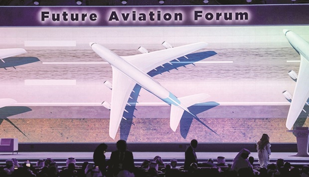 People attend the Future Aviation Forum in Riyadh on Monday. The kingdomu2019s aviation goals, part of the wide-ranging u201cVision 2030u201d reforms, include more than tripling annual traffic to 330mn passengers by the end of the decade.