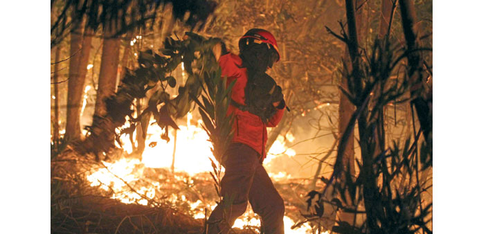  A firefighter combats a forest fire in the Belas area, north of Lisbon, on Saturday.