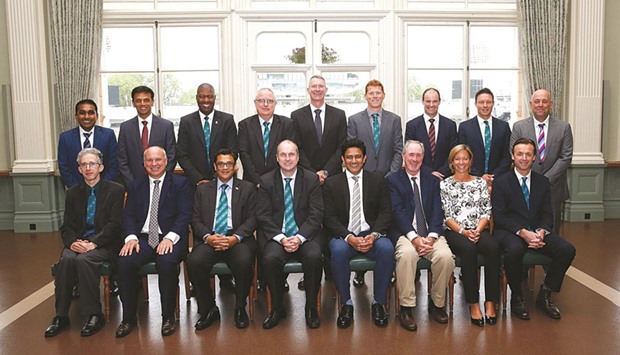 ICC cricket committee members: (back left to right) Mahela Jayawardene, Rahul Dravid, Adrian Griffith, Clive Hitchcock, Craig Ranson, Kevin OBrien, Andrew Strauss, Richard Kettleborough and Darren Lehmann; (front left to right) David Kendix, David White, Ranjan Madugalle, Geoff Allardice, Anil Kumble, Tim May, Clare Connor and John Stephenson, after a meeting in London on Thursday. (ICC)