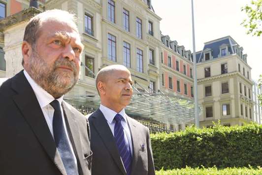 Katumbi leaves the Palais Wilson with by his lawyer Eric Dupond-Moretti (left) after filing a complaint with the Office of the United Nations High Commissioner for Human Rights (OHCHR) in Geneva.