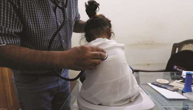 This picture taken on May 24 shows a two-year-old HIV-positive girl, who is under treatment, going through a routine medical check-up at a clinic in Ratodero.