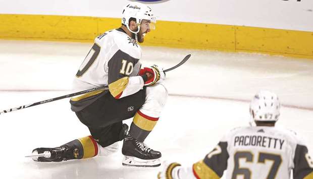 Nicolas Roy of the Vegas Golden Knights celebrates after scoring the game-winning goal in overtime against the Montreal Canadiens in Game Four of the Stanley Cup Semi-finals of the 2021 Stanley Cup Playoffs in Montreal, Canada, on Sunday. (AFP)