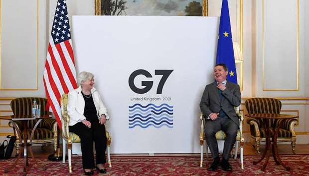 US Treasury Secretary Janet Yellen (L) meets with President of the Eurogroup, Paschal Donohoe on the second day of the G7 Finance Ministers Meeting, at Lancaster House in London