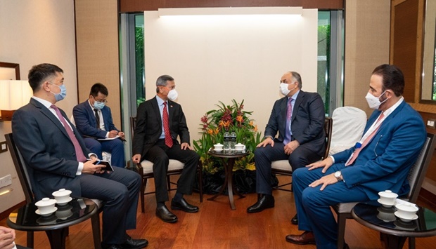 HE Deputy Prime Minister and Minister of State for Defense Affairs Dr. Khalid bin Mohammed Al Attiyah meets on Friday, with the Minister for Foreign Affairs of the Republic of Singapore Vivian Balakrishnan