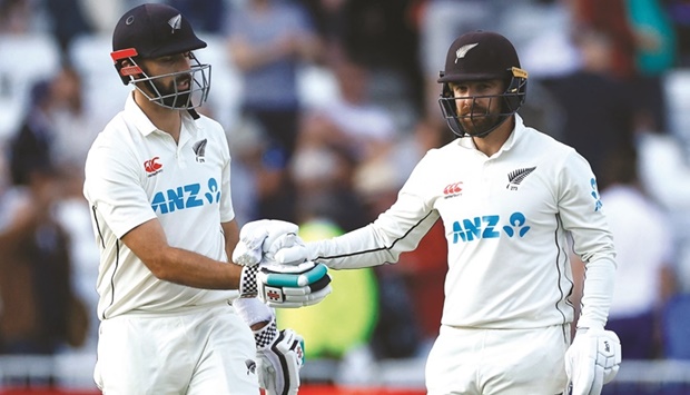 New Zealandu2019s Tom Blundell and Daryl Mitchell at stumps during the first day of the second Test against England at Trent Bridge, Nottingham, Britain, yesterday. (Reuters)