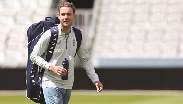 Englandu2019s Stuart Broad at a training session at Lordu2019s Cricket Ground in London ahead of the first Test against New Zealand. (AFP)