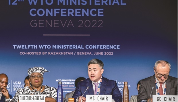 Director-General of the World Trade Organisation Ngozi Okonjo-Iweala, MC12 Chair Timur Suleimenov, and Switzerlandu2019s ambassador Didier Chambovey, Permanent Representative of Switzerland to the WTO speak at the opening ceremony of the 12th Ministerial Conference (MC12), at the headquarters of the World Trade Organisation in Geneva yesterday.