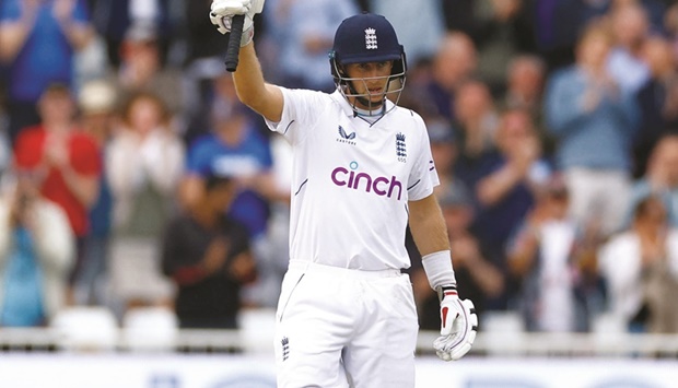 Englandu2019s Joe Root celebrates reaching 150 against New Zealand during the second Test at the Trent Bridge, Nottingham, Britain, yesterday. (Reuters)