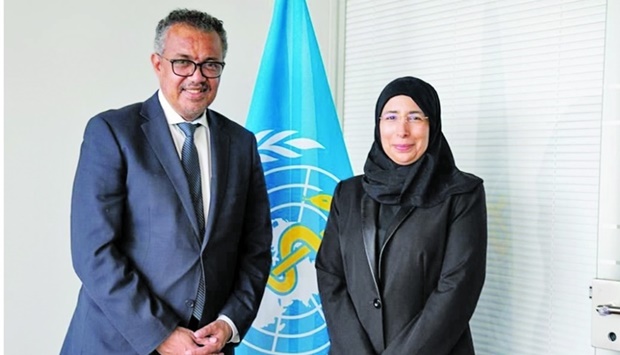 HE the Minister of Public Health Dr Hanan Mohamed al-Kuwari meets with World Health Organisation Director-General Dr Tedros Adhanom Ghebreyesus.