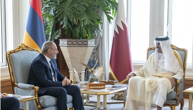 His Highness the Amir Sheikh Tamim bin Hamad Al-Thani meets with the Prime Minister of the Republic of Armenia Nikol Pashinyan