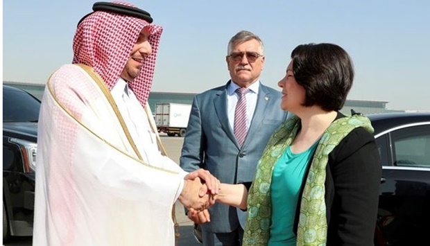 The Prime Minister of the Republic of Moldova Natalia Gavrilita being seen off at Hamad International Airport by HE the Director of Department of Protocol at the Ministry of Foreign Affairs Ibrahim Yousif Fakhro