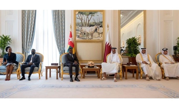 His Highness the Amir Sheikh Tamim bin Hamad Al-Thani meets at the Amiri Diwan with the President of the Togolese Republic Faure Essozimna Gnassingbe and his accompanying delegation