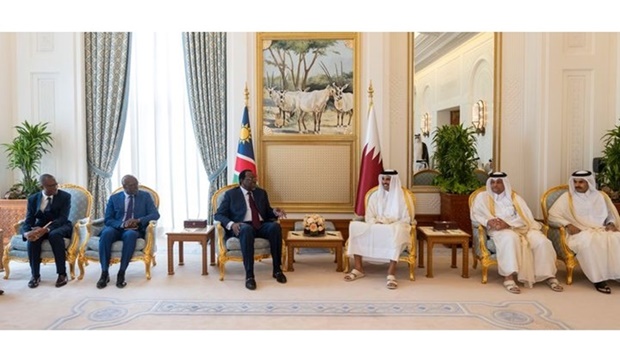 His Highness the Amir Sheikh Tamim bin Hamad Al-Thani meets with the President of the Republic of  Namibia Hage Geingob