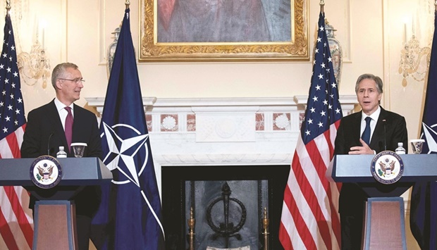 US Secretary of State Antony Blinken and Nato Secretary-General Jens Stoltenberg during a joint press conference in the Benjamin Franklin Room of the State Department in Washington, DC yesterday. (AFP)