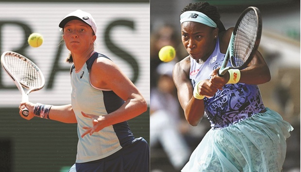 This combination of file photographs shows Polandu2019s Iga Swiatek (left) plays a forehand return to Russiau2019s Darya Kasatkina during their French Open semi-final at the Court Philippe-Chatrier in Paris and USu2019 Coco Gauff (right) return a shot to Italyu2019s Martina Trevisan during their semi-final in Paris yesterday. (AFP)