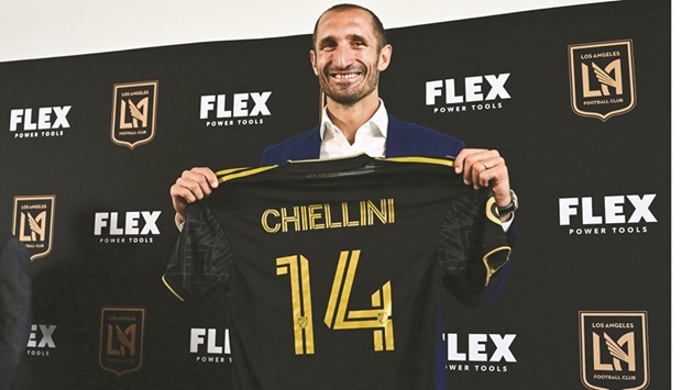 Giorgio Chiellini poses with his jersey at a press conference introducing his arrival to Los Angeles FC in  Los Angeles. (AFP)